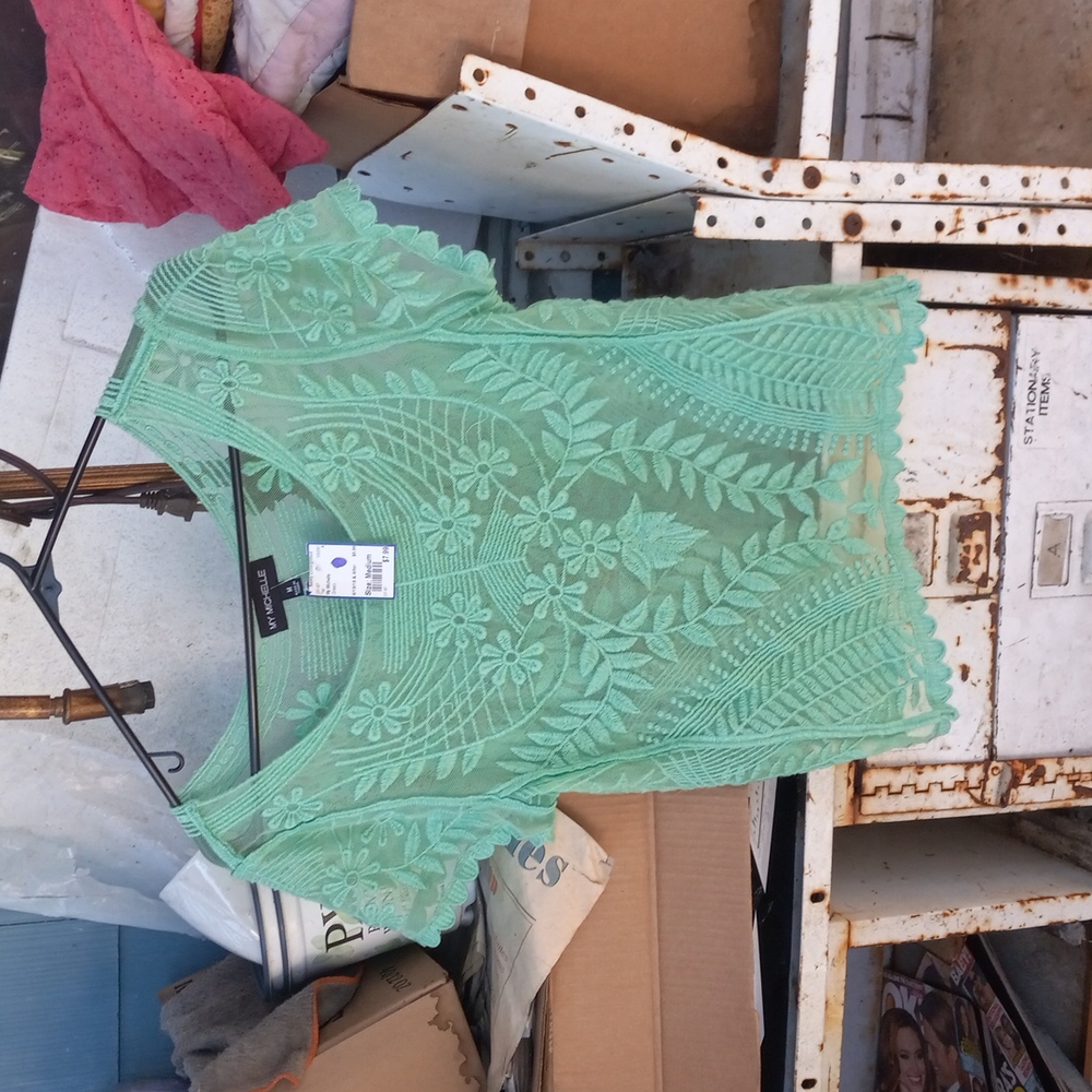 My Michelle Green flowers embroidery  crochet summer short sleeve tshirt